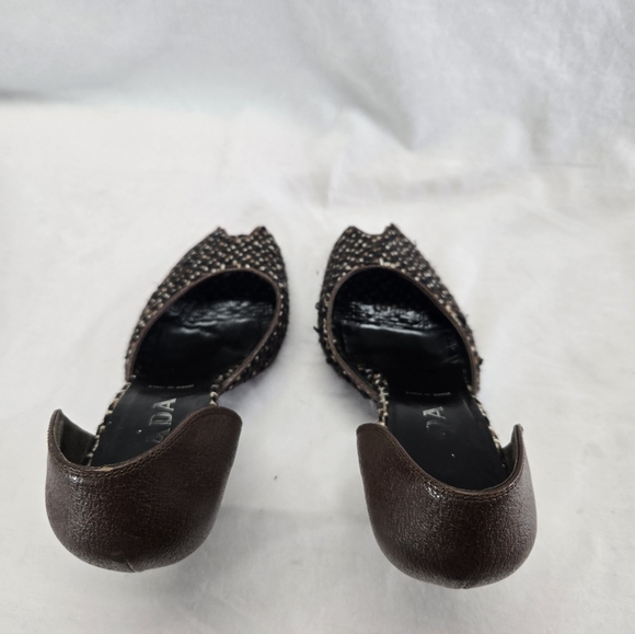 Vintage PRADA Women's 38 Brown Tweed Leather Peep Toe D’Orsay Heels Pumps *Flaw* - Picture 5 of 10